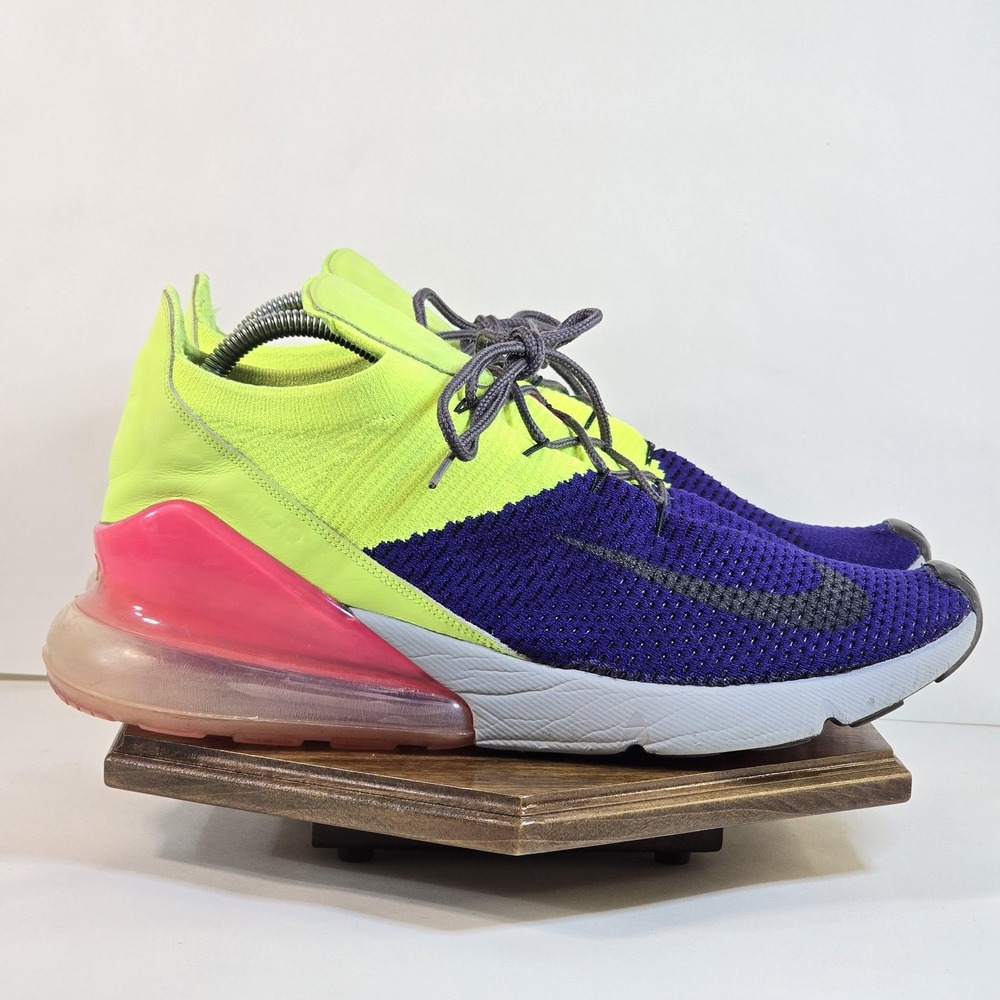 Nike Air Max 270 Flyknit Shoes Mens Size 10.5 Volt Blue Pink Running Sneakers